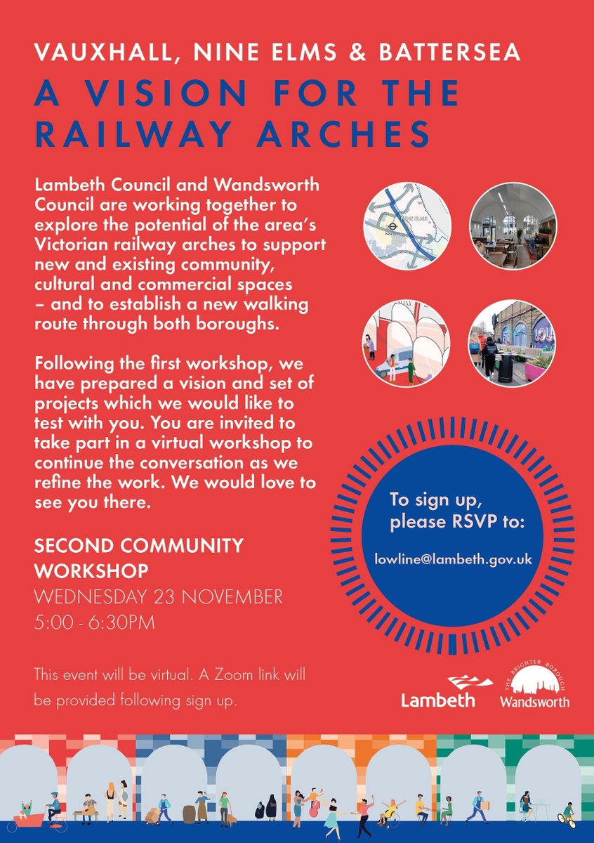 lambeth_council's tweet image. Share your ideas for the #LowLine on Thursday November 23 🚂
We want to better support existing and new uses in and around the arches in Vauxhall 🌳🚶‍♂️ 🛍️
Come to our virtual workshop to hear about our vision 👇
Join us by RSVPing to lowline@lambeth.gov.uk