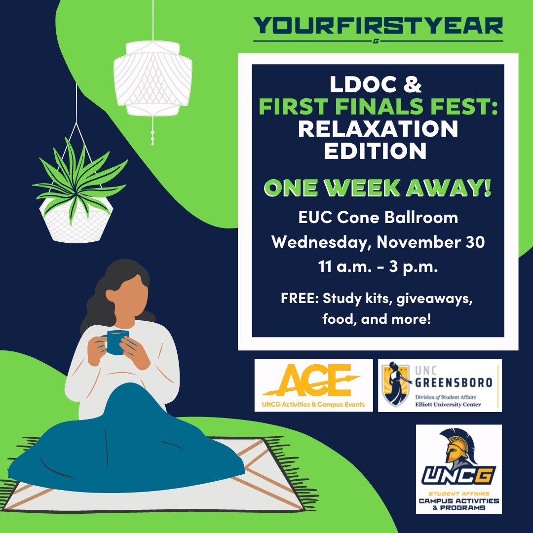 We are only a WEEK AWAY from our First Finals Fest event! Join us on November 30 from 11 a.m. - 3 p.m. in EUC Cone Ballroom and receive FREE finals kits, which have materials such as blue books, scantrons, and highlighters! See you there! <a href="/UNCGACE/">UNCG ACE</a> <a href="/UNCGCAP/">UNCGCAP</a>
