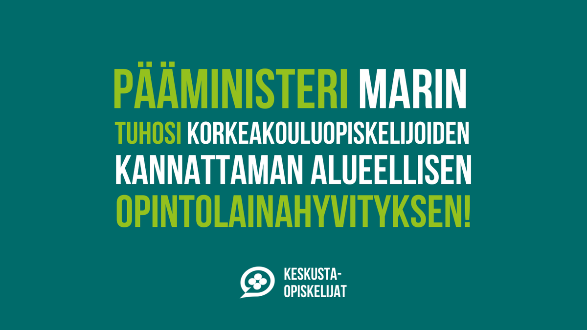 Keskustaopiskelijat on tyrmistynyt siitä, että hallituskumppanit ja etenkin demaripääministeri Sanna Marin jyräsivät korkeakouluopiskelijoiden ja Keskustan tukeman alueellisen opintolainahyvityksen! 

#keskustaopiskelijat <a href="/keskusta/">Suomen Keskusta</a> <a href="/Demarit/">Sosialidemokraatit</a> 

keskustaopiskelijat.fi/keskustaopiske…