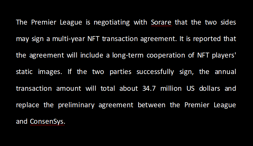 AggregateWorld's tweet photo. The Premier League is negotiating with Sorare to sign an NFT transaction agreement of US $34.7 million per year
#DeFi #Worlds2022 
#SocialFi  #DAO
#BNBChain #Binance #Bitcoin #BSCGemAlert  #ETH #Airdrop https://t.co/vQKk0y4qyp