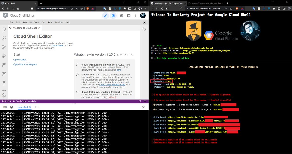 ManuelBot59's tweet photo. ¿#HerramientaOsint #MoriartyProject (para números telefónicos? corriendo en #GoogleCloudShell? 🕵️♂️💻🔎.
#OsintTool #MoriartyProject (for phone numbers? running on #GoogleCloudShell? 🕵️♂️💻🔎.
#AnalistaOsint #ManuelBot #Osint #Socmint
✅Herramienta: https://t.co/dWKBcYJ8So https://t.co/qUEdjRYhOu