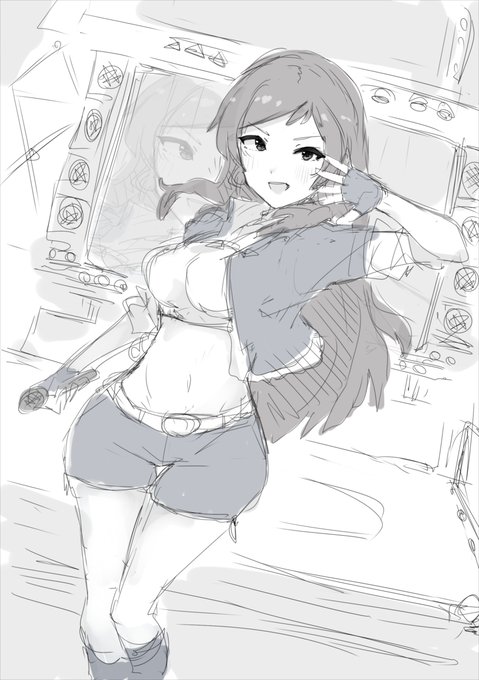これは目だけ描こう…顔も描くか…膝上まで…トリミング決まらないから後ろの方にもなんか足して…で出来たやつ 