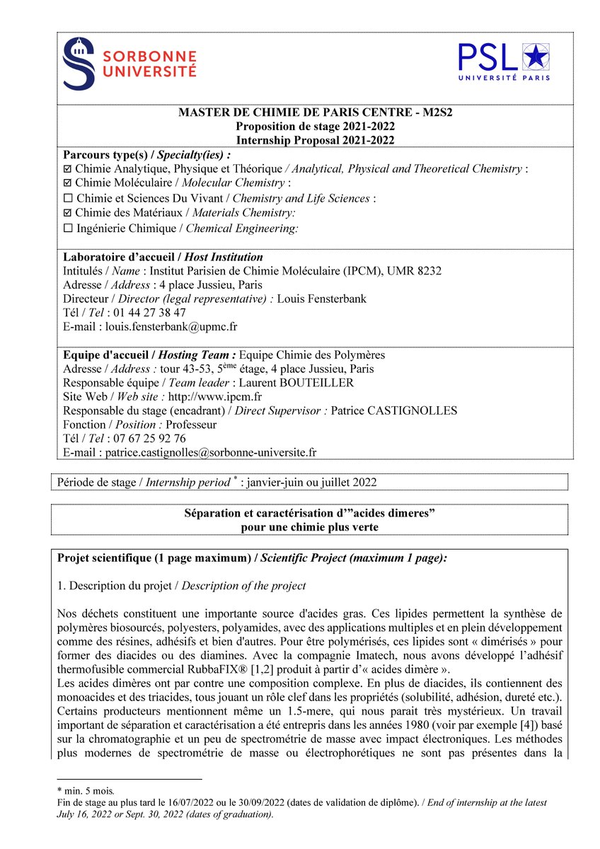 CastignollesP's tweet photo. A la recherche d'un stage de M2? Intéressé par le design de polymères biosourcés? https://t.co/f8uVtmh7Gt