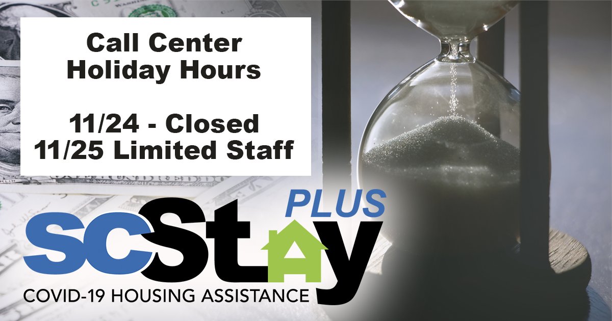 SCStateHousing's tweet image. The SC Stay Plus program will stop accepting new applications at 11:59 p.m. on December 16. If you have submitted an application, but you are missing documentation, it is important to provide the required documents before the deadline. #SCStayPlus   Bit.ly/SCStayPlus