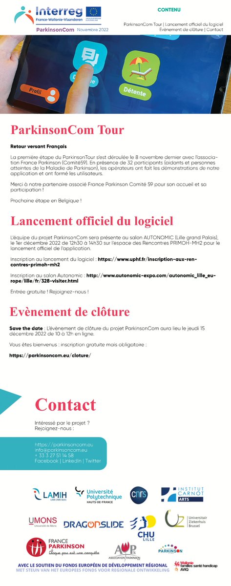 parkinson_com's tweet photo. 👉 📖 🤓 Voici notre newsletter n°24
#uphf #UMONS #dragonslide #vlaamseparkinsonliga #Aviq #Interregfwvl #FEDER #franceparkinson #lamih #CNRS #institutcarnot #chulille #uzbrussel #associationparkinson #insahautsdefrance #ChangeonsDeRegardSurParkinson https://t.co/2wDHCephtD