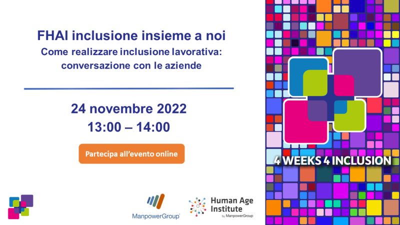 4Weeks4Inclusion 
Domani 24 novembre, ore 13 parleremo di come realizzare inclusione lavorativa in una conversazione con le aziende:

Per seguirci:
bit.ly/3EwTNVB
4W4I