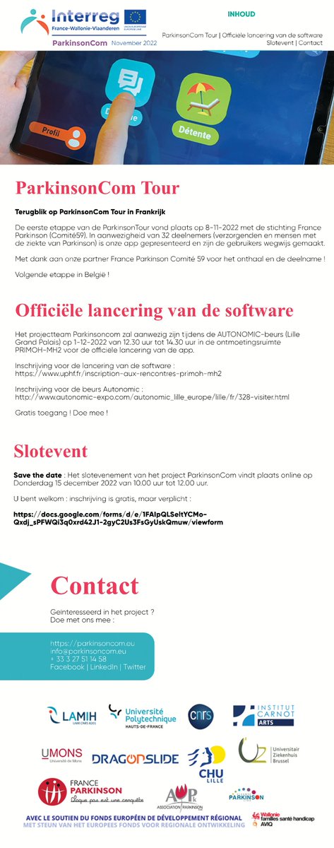 parkinson_com's tweet photo. 👉📖🤓Hier is onze nieuwsbrief nr. 24 
#uphf #UMONS #dragonslide #vlaamseparkinsonliga #Aviq #Interregfwvl #FEDER #franceparkinson #lamih #CNRS #institutcarnot #chulille #uzbrussel #associationparkinson #insahautsdefrance https://t.co/y5lIJKhKVd