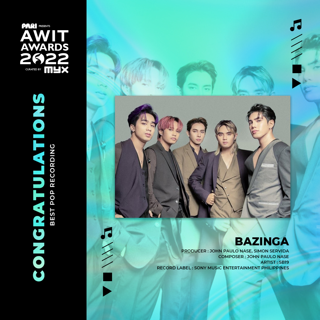 .<a href="/SB19Official/">SB19 Official</a> takes home the Best Pop Recording award for their single ‘Bazinga’ under Sony Music Entertainment Philippines at tonight’s Awit Awards 2022 ceremonies live at the Newport Performing Arts Theater! Congratulations! #AwitAwards2022