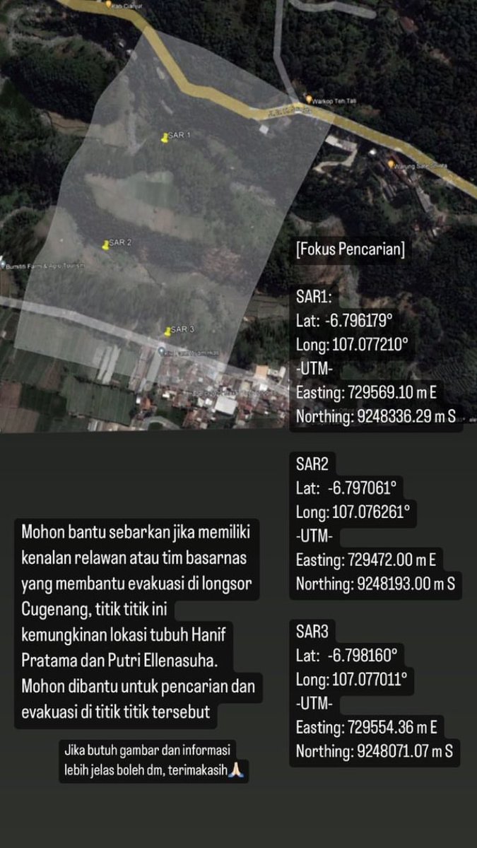 purpleeecaramel's tweet photo. TWITTER PLEASE DO UR MAGIC. Dicari orang hilang mohon bantuan dan infonya untuk daerah longsor Cugenang, Cianjur. Terima kasih🙏

gempa bumi Cianjur, longsor, cugenang. https://t.co/wtBL82O4bD