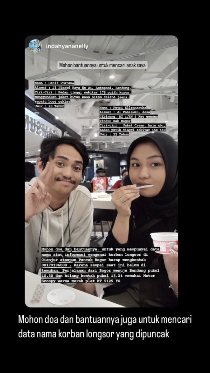 purpleeecaramel's tweet photo. TWITTER PLEASE DO UR MAGIC. Dicari orang hilang mohon bantuan dan infonya untuk daerah longsor Cugenang, Cianjur. Terima kasih🙏

gempa bumi Cianjur, longsor, cugenang. https://t.co/wtBL82O4bD