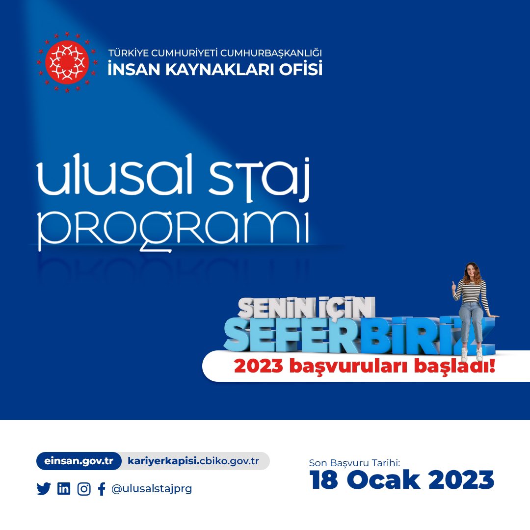 Hedeflediğin stajı yapabilmen için #UlusalStajProgramı başvuruları kariyerkapisi.cbiko.gov.tr’de 18 Ocak 2023 tarihine kadar açık! #SeninİçinSeferbiriz @tccbiko <a href="/kariyerkapisi/">Kariyer Kapısı</a>