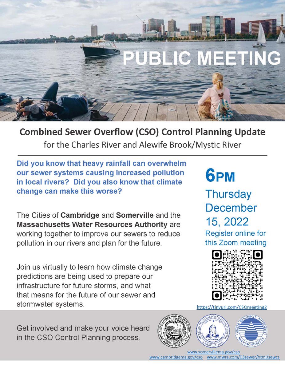 Last year, 338 million gallons of combined stormwater and sewage were discharged into the Mystic River and Alewife Brook during Combined Sewer Overflow (CSO) events. Attending this meeting is a great opportunity to show that reducing and eliminating CSO's is important to you! https://t.co/5R0BEZ0REa