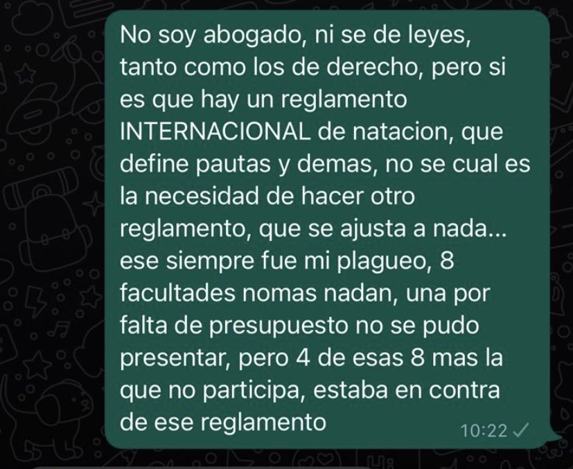 Yo tb me quiero plaguear pq son mis primeros jjuu y no puedo creer como hasta esto quieren manejar. No se supone que es un evento de goce donde cada alumno pueda representar de una buena manera a su facultad? Acá una muestra de como “organizan” la competencia de natación