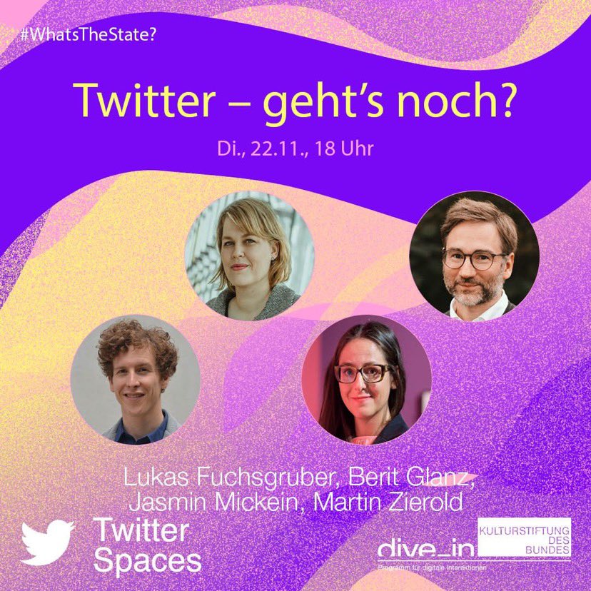 Der #TwitterSpace-Talk von gestern ist nun auf Twitter zu finden: Der Mitschnitt kann noch 30 Tage nachgehört werden:
x.com/kulturstiftung…
Im Anschluss wird er auf der Seite der Kulturstiftung des Bundes zur Verfügung gestellt:
kulturstiftung-des-bundes.de/de/projekte/er… #twexit