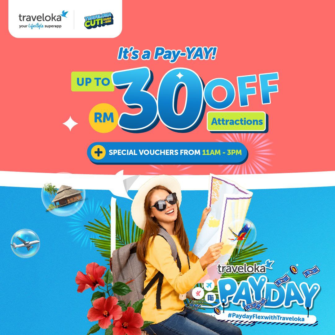 travelokaMY's tweet photo. Hey yay! It's the Traveloka Payday Sale 🥳
Get up to 45% OFF Flights, Hotels, Attractions, Tours, and more!

Also, don't forget to claim your FREE special voucher from 11 AM to 3 PM
What are you waiting for? Book now!

📲 https://t.co/qTafx18Glh https://t.co/2RQkg611Ht