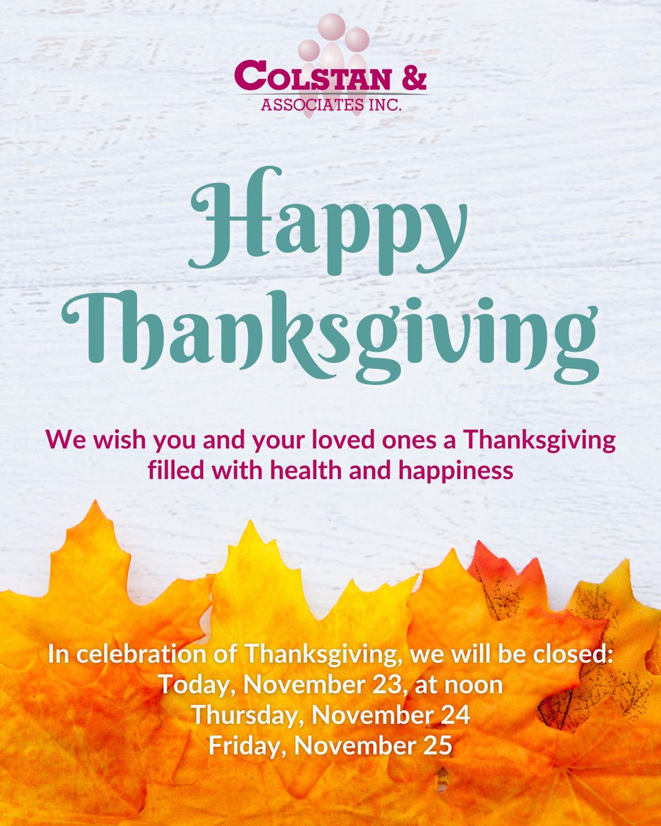 colstan's tweet image. As we reflect on the past year and all that we are grateful for, we would like to thank you for entrusting your business to us. On behalf of the Colstan &amp;amp; Associates team, we wish you and your loved ones a Thanksgiving filled with health and happiness.