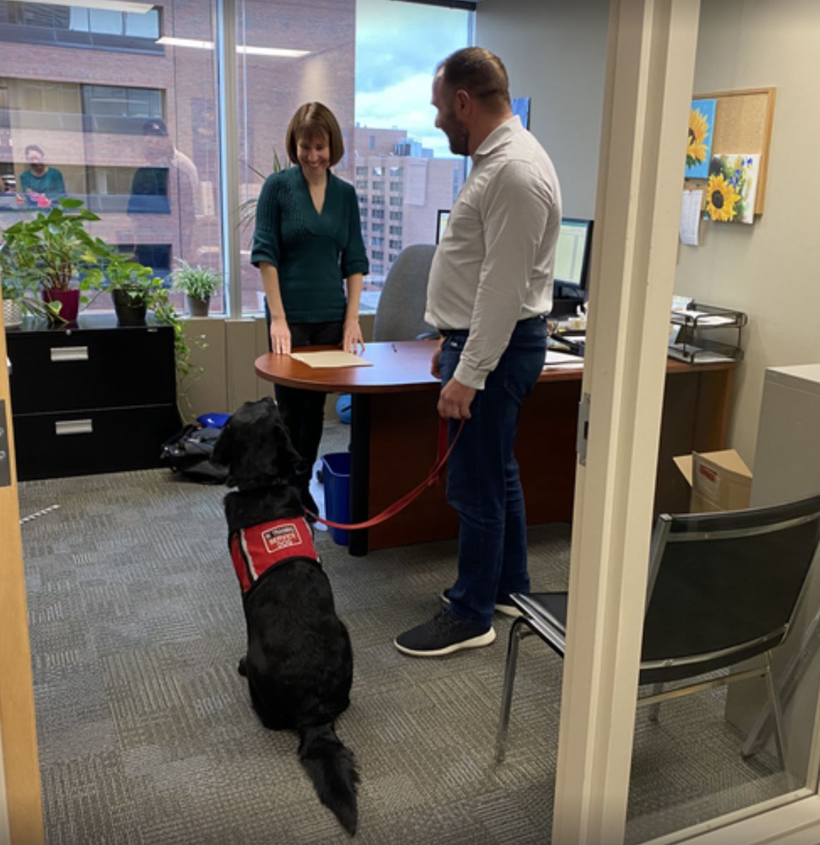 NetAccessInc's tweet photo. Welcoming an honorary employee @NetAccessInc Weston is training to be a safe companion for children with autism @autismdogservices #autism #awareness #autismdogservices getting acquainted with our teams #autismkids #kidswithautism #children https://t.co/fVUqvyeomC