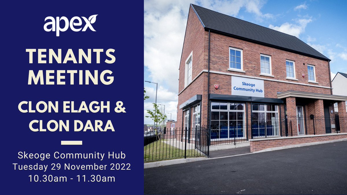 📣 Live in Clon Elagh / Clon Dara? Come along to next week's meeting to discuss community issues &amp; hear about upcoming plans.

🗓️ Tue 29 Nov
🕥 10.30am
📍 Skeoge Community Hub (Clon Dara)

For more info or to confirm attendance, contact Mieke on 028 7130 4800 #TenantParticipation