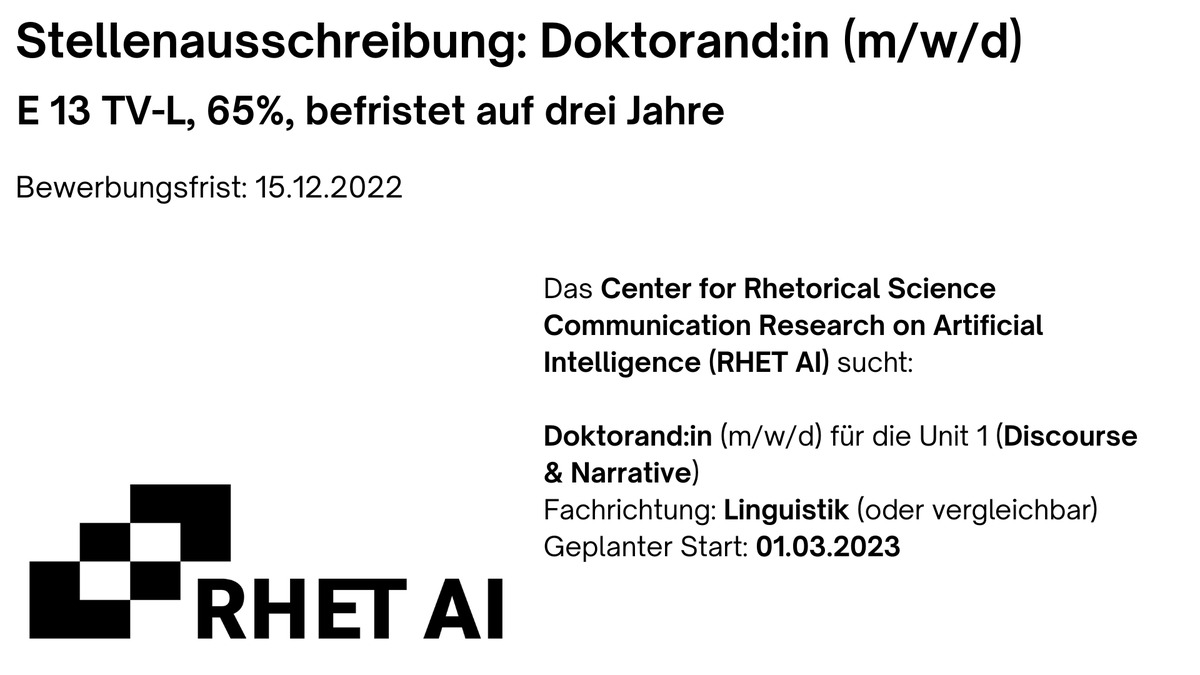 ai_rhet's tweet photo. Aufgepasst!🚨
Wir haben eine spannende #PhD-Stelle am @KITKarlsruhe in der Unit 1 „Discourse and Narrative“ zu vergeben: 65%, E13, Befristung 3 Jahre
Themen: #KI, #Wisskomm, #Diskurs

Die Stellenanzeige findet ihr hier: https://t.co/0434D0Kgt1
Gerne RT! https://t.co/vi7YsVr9Ju