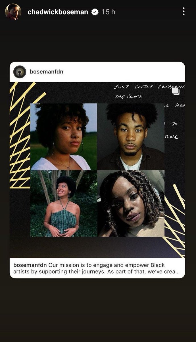 Atualização do Instagram stories do Chadwick 💜 'Nossa missão é envolver e capacitar artistas negros apoiando suas jornadas. Criamos bolsas de estudo com um presente da Netflix para alunos da @/HowardU que demonstram habilidades excepcionais nas artes e exemplificam os (...)