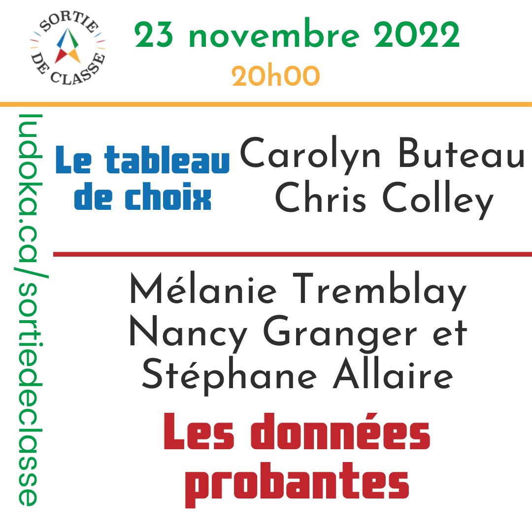 Pierre_leprof's tweet photo. Ce soir à #sortiedeclasse nous parlerons du tableau de choix! Vous devez voir ça! C'est vraiment intéressant!
Et on parle aussi des données probantes! Sujet chaud non? :) C'est à 20h et pour les liens, c'est ici: https://t.co/M3zp7c2X3N https://t.co/ZBZ2j8Gjy9
