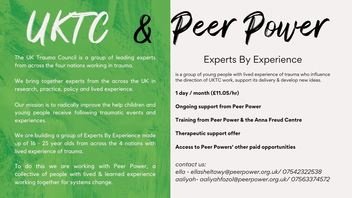 Could you be an expert by experience and influence the UK Trauma Council in delivering pioneering work helping those suffering from trauma?

They're looking for 16-25 year olds across the UK for this paid opportunity. Full details on how to apply below ⬇️ @Peer_PowerUK