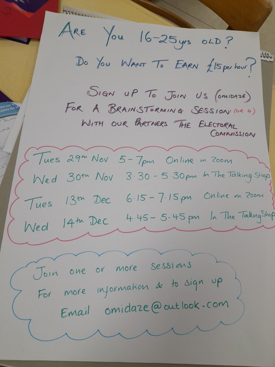 omidaze's tweet image. 16-25 yrs old? Born or based in or near Merthyr? Wanna earn £15 per hour?

Come join us in #TheTalkingShop and/or online. Sign up for one (or more or all four) of our Creative Think-Ins with our partners @ElectoralWales by emailing omidaze@outlook.com 

4 sessions. Dates below 👇