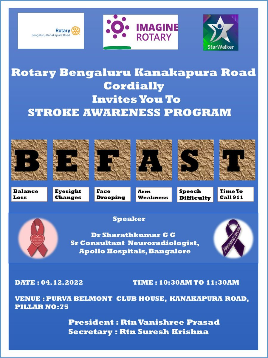 RotaryKPRoad's tweet photo. Rotary Bengaluru Kanakpura road and Rotary Bengaluru Kuvempunagar warmly invites Rtn Jeetendra Aneja...
Rotary Bengaluru Kanakpura road is proud to announce interactive session on stroke awareness and also in association with BMS Charitable Trust invites you to save a life... https://t.co/lgy5cyTUWW