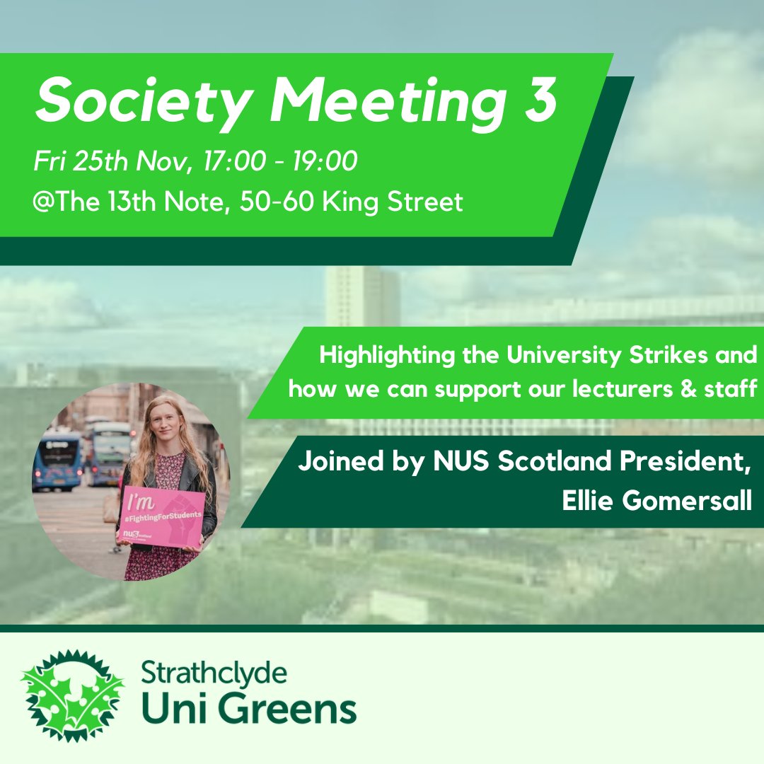 StrathyGreens's tweet photo. Join us again *THIS* Friday as we focus on Education Strikes and a mini history lesson picket lines &amp; the disrespect of crossing one.

Excited to be joined by NUS Scotland President @elliebgomersall and to hear from her!2 https://t.co/yj2276nShD