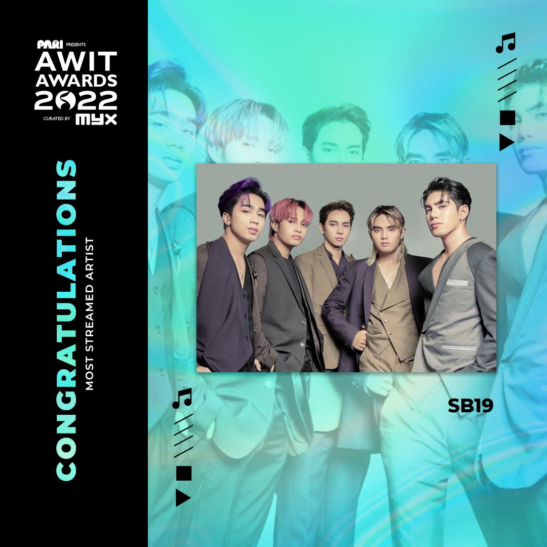 AwitAwards's tweet photo. .@SB19Official continues their win streak by winning the Most Streamed Artist award in tonight’s Awit Awards 2022! More awards to be given out so stay tuned! 

Follow @awitawards and @myxglobal on Facebook, Instagram and Twitter for more #AwitAwards2022 updates. https://t.co/JF3Efl3LKr