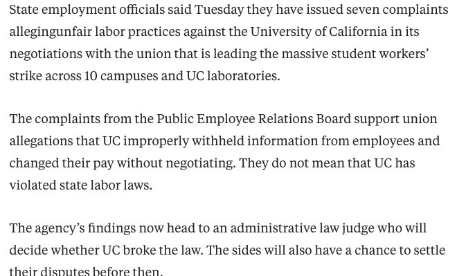 greenhousenyt's tweet photo. In a move that helps 48,000 striking graduate workers, state officials in California file 7 complaints against UC, saying it didn't bargain in good faith. They accuse UC of withholding information from its employees &amp; changing their pay without negotiating
https://t.co/jwdOMy3jHU https://t.co/J8L1SF5rtB