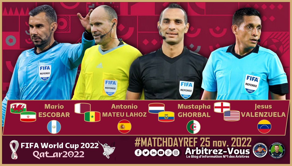 ArbitrezVous's tweet photo. 🌐 #FIFA - #FIFAWorldCup #Qatar2022
Au programme de ce vendredi 25 novembre 2022 #MATCHDAYREF
@ArbitresSAFE @FFF @lequipe @deux_zero @fifacom_fr @roadtoWC2026 @fifaworldcup_fr @FIFAWorldCup @Jano_Resseguie @RMCInfo @beinsports_FR @TF1 @VictoriaGooner @MikaelReferee @rfef https://t.co/cjQVVt4d7Q