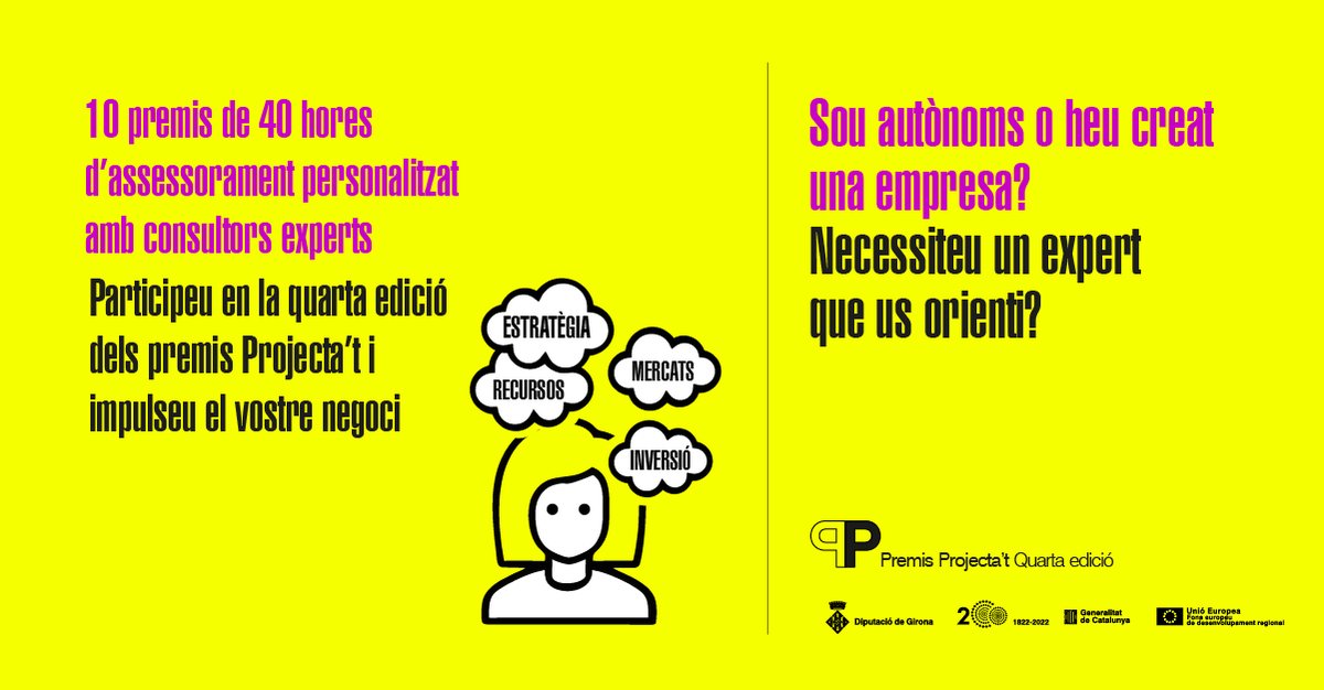 DiputacioGirona's tweet photo. ⌛️Últims dies per presentar-se als #PremisProjectat‼
🔟 Empreses o autònoms rebran sis mesos d'assessorament personalitzat i gratuït per impulsar el seu negoci.
🗓️Teniu temps fins al 30 de novembre.
👁️Tots els detalls👉https://t.co/g2dMGyuW7s
#PromoecoDdGi #fonsUECat #COCREIX https://t.co/YoUMrlxgFX