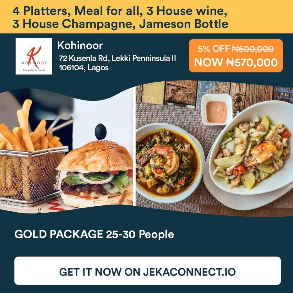 JekaConnect's tweet image. Wine and dine at @KohinoorLagos and enjoy the gold package deal exclusive to Jekaconnect. 
Download Jekaconnect today on jekaconnect.io to get started.