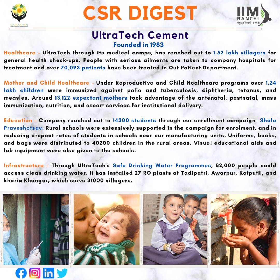 UltraTech's CSR vision is to actively contribute to the social and economic development of the communities in which it operates. 
Samarpan acknowledges and appreciates the value systems and the relentless efforts put up by <a href="/UltraTechCement/">UltraTech Cement Ltd</a>

 #Samarpan #IIMRanchi #CSR