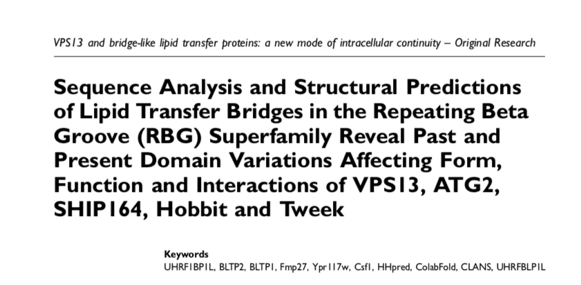 timlevine1's tweet photo. My paper about VPS13 ATG2 +3 other eukaryotic bridge-like lipid transfer protein families made from repeating beta groove (RBG) domains is now out in 
@ContactCTC .
https://t.co/C9TsYEej9A
I uses sequence homology &amp; structural predictions to analyse the proteins
(1 of 5) https://t.co/2vuumM1VtA