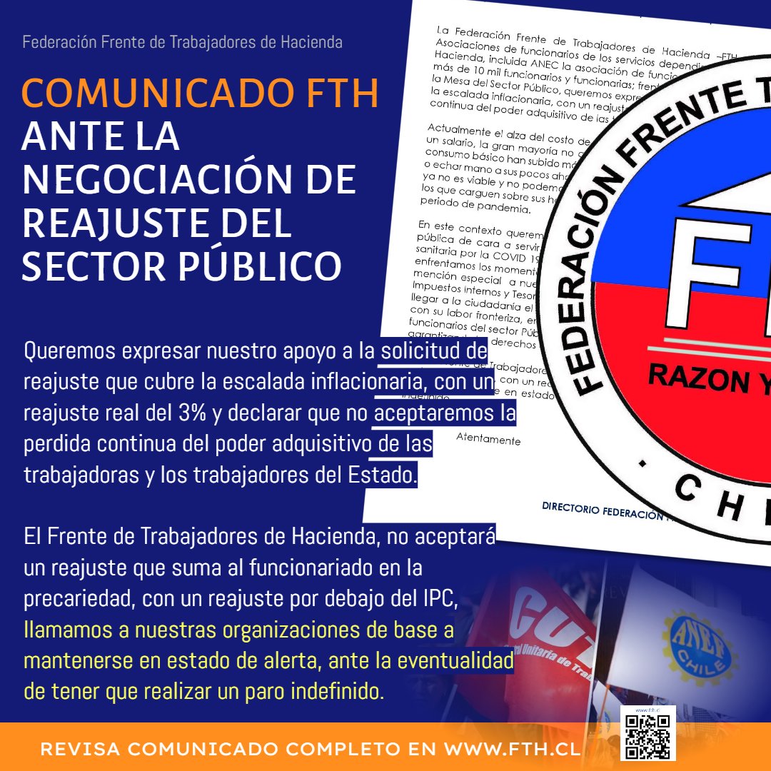 Llamamos a nuestras organizaciones de base a mantenerse en estado de alerta, ante la eventualidad de tener que realizar un paro indefinido.

REVISA COMUNICADO EN FTH.CL 
<a href="/ANEC_Chile/">ANEC</a> <a href="/Afiich/">Afiich</a> <a href="/aneiich/">ANEIICH</a> <a href="/AnfachO/">@ANFACH_oficial</a> <a href="/ChileAet/">AET Nacional Chile</a> <a href="/AChilecompra/">Asociación de Funcionarios de ChileCompra</a>