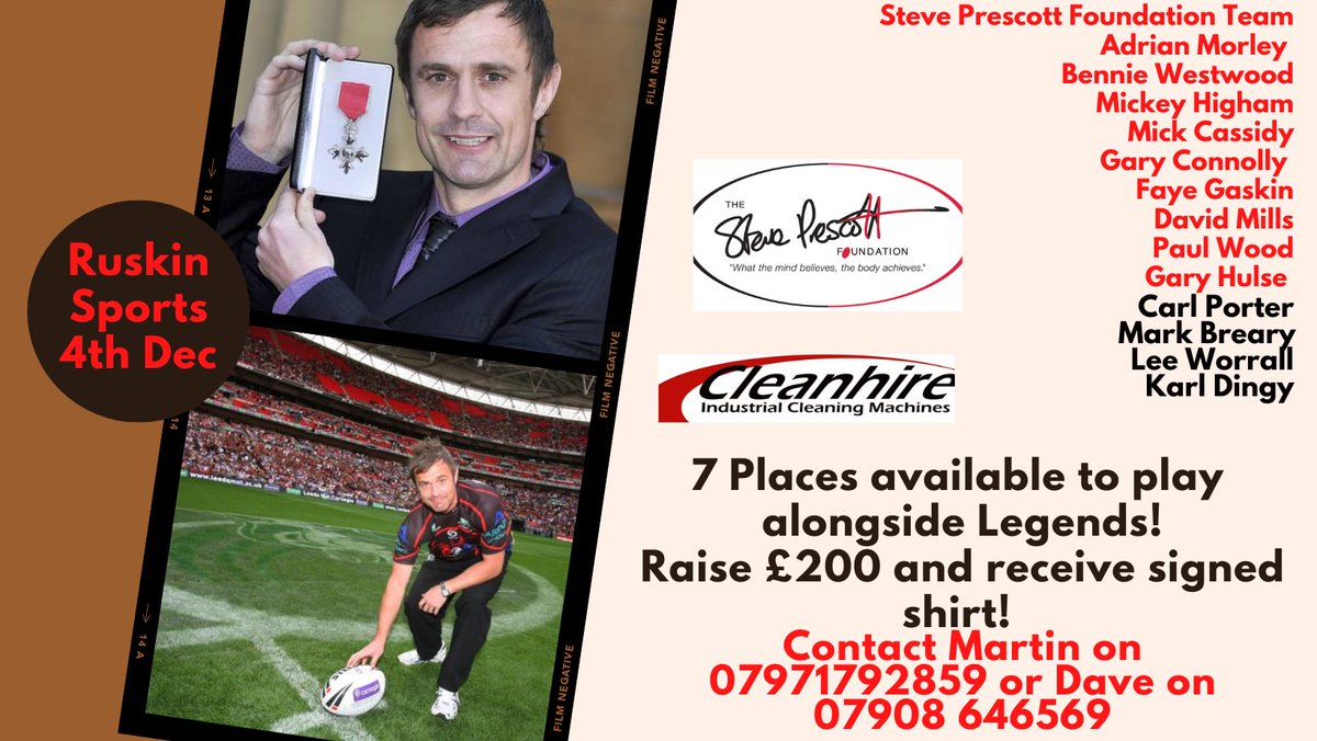 StevePrescott1's tweet image. Places are filling up nicely to play in the @CleanHire Legends Game @WicketStHelens 
Do you want to play in @Saints1890 @engywalmsley Legends Team or play alongside @StevePrescott1 Legends on Sunday 4th Dec!
Look at the quality line ups! This is a must for any #rugbyleague #fan