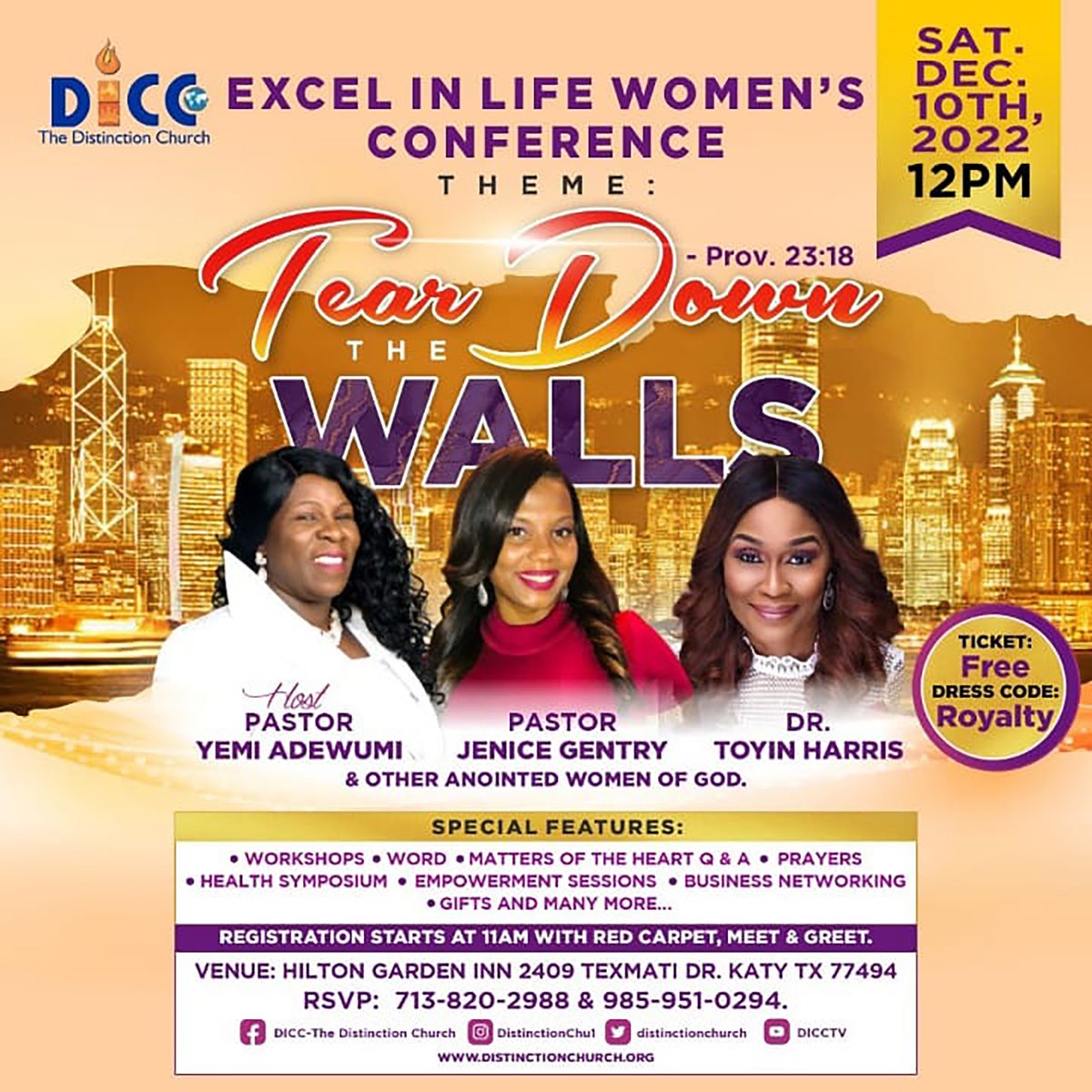 DistinctionChu1's tweet image. Ladies don't miss out! Excel in Life Conference 2022 coming to you Sat, Dec 10th, 2022, 12noon.
Theme: Tear Down the Walls. Pro. 23:18...
Register today: forms.gle/pzk6M3xA4bUHWk…
Come and get refreshed, empowered, and blessed!
#dicc #excelinlife #womenconference #teardownthewalls