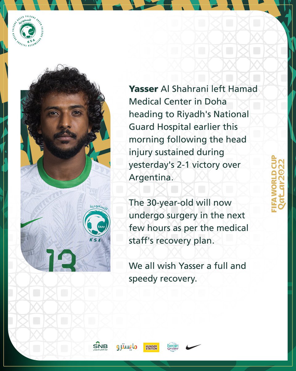 thneves10's tweet photo. That’s the bad news, I can’t believe! 😢😭😢😭 I wish all the best and god bless both of you guys!  I hope @salman_f13 can play to help Saudi Arabia to qualify!! 💚🤍🇸🇦 https://t.co/lGoV3VmPsZ