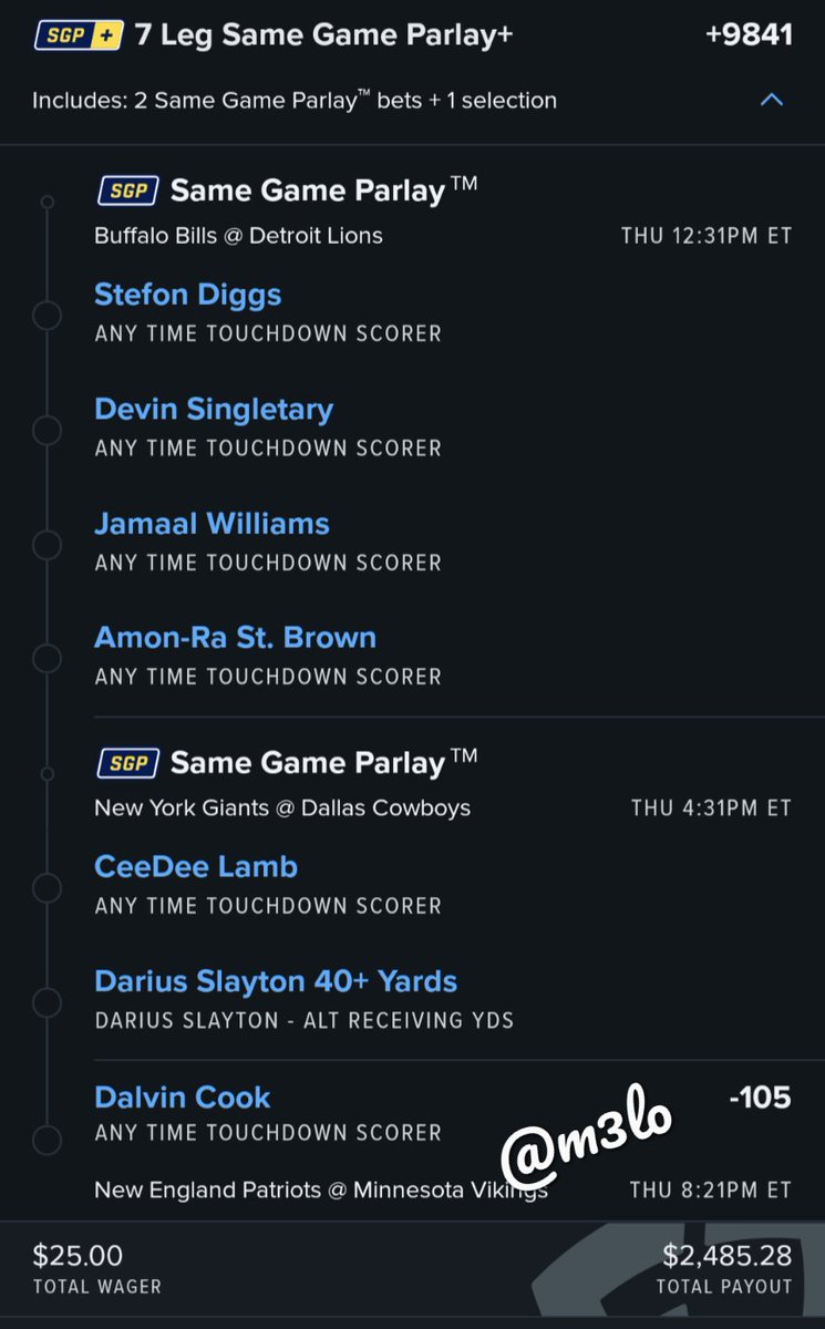 m3lorama's tweet photo. Thanksgiving parlay, feeling good 🤞🏽🦃
Like, if you're tailing
#nflpicks #fdsportsbook #freeparlay #gamblingtwitter #anytimetouchdowns #nflbetting https://t.co/L1NOOC2Vjt