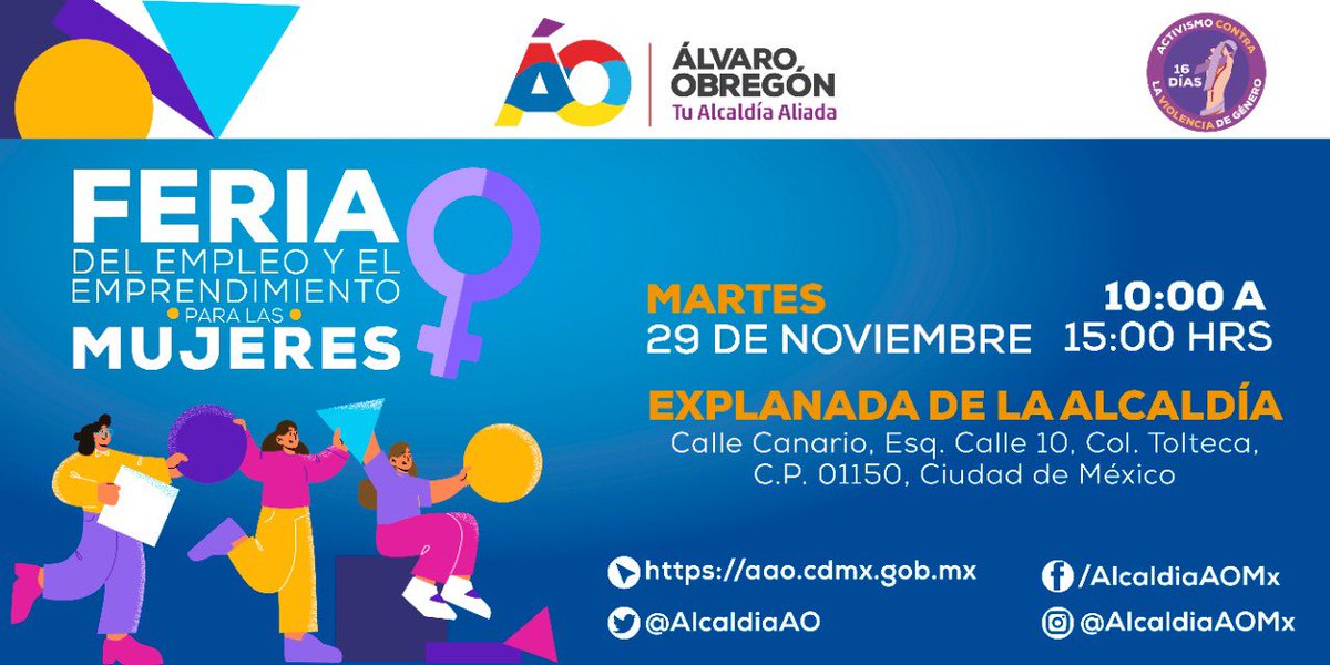 AlcaldiaAO's tweet photo. ¿Estás buscando trabajo o te gustaría emprender?💼
Ven a la feria del empleo y el emprendimiento para las mujeres en la explanada de la alcaldía ÁO.
🗓️ 29 de noviembre 
⏰ 10:00 a 15:00 hrs

#TuAlcaldíaAliada de las #Mujeres
#FeriaDelEmpleo https://t.co/xtfMFWRo6t