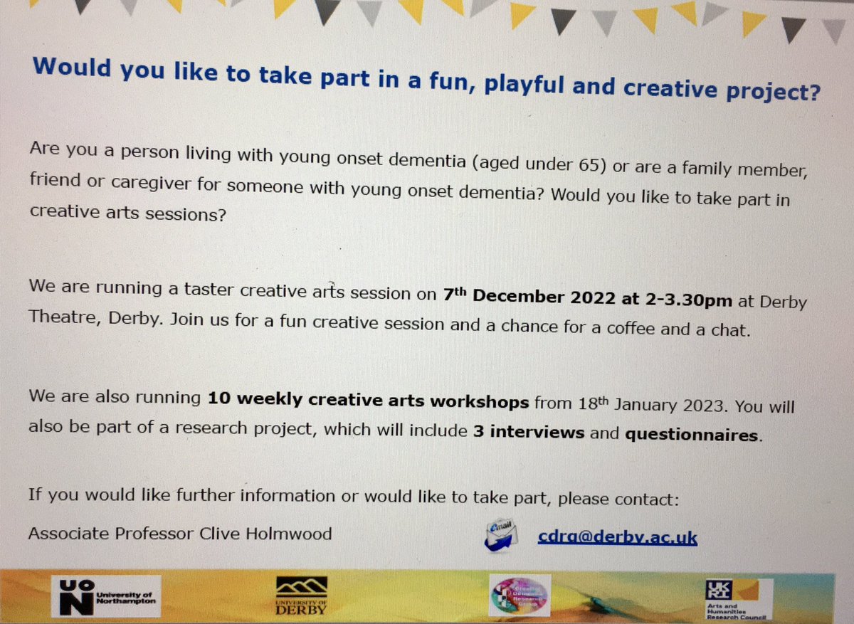 There is still time to sign up for our taster session. If you have a diagnosis off young onset dementia, please do get in touch. #youngonsetdementia #dementia #arts4dementia #youngdementianetwork