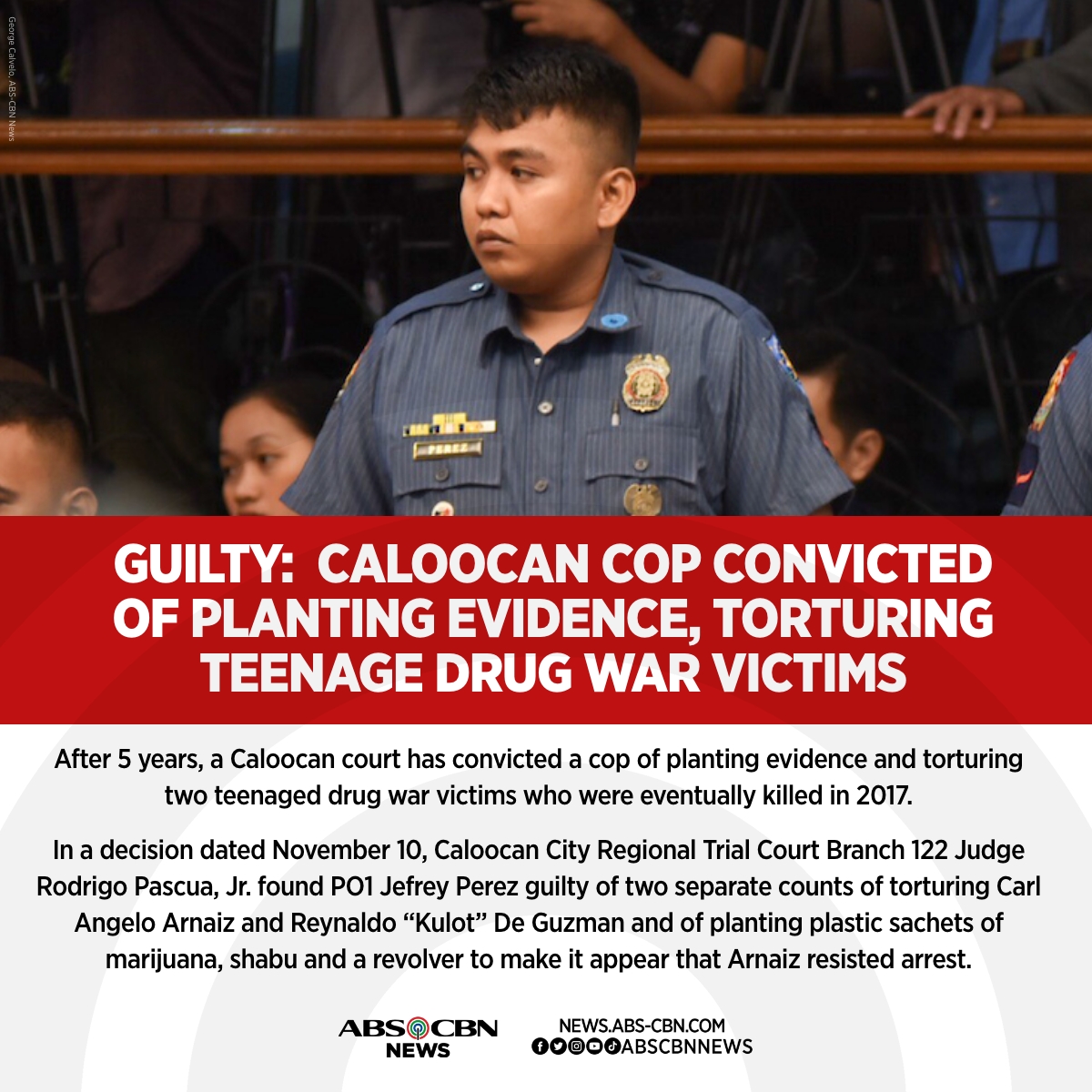 After 5 years, a Caloocan court has convicted a cop of planting evidence and torturing two teenaged drug war victims who were eventually killed in 2017.

FULL STORY: news.abs-cbn.com/news/11/23/22/…