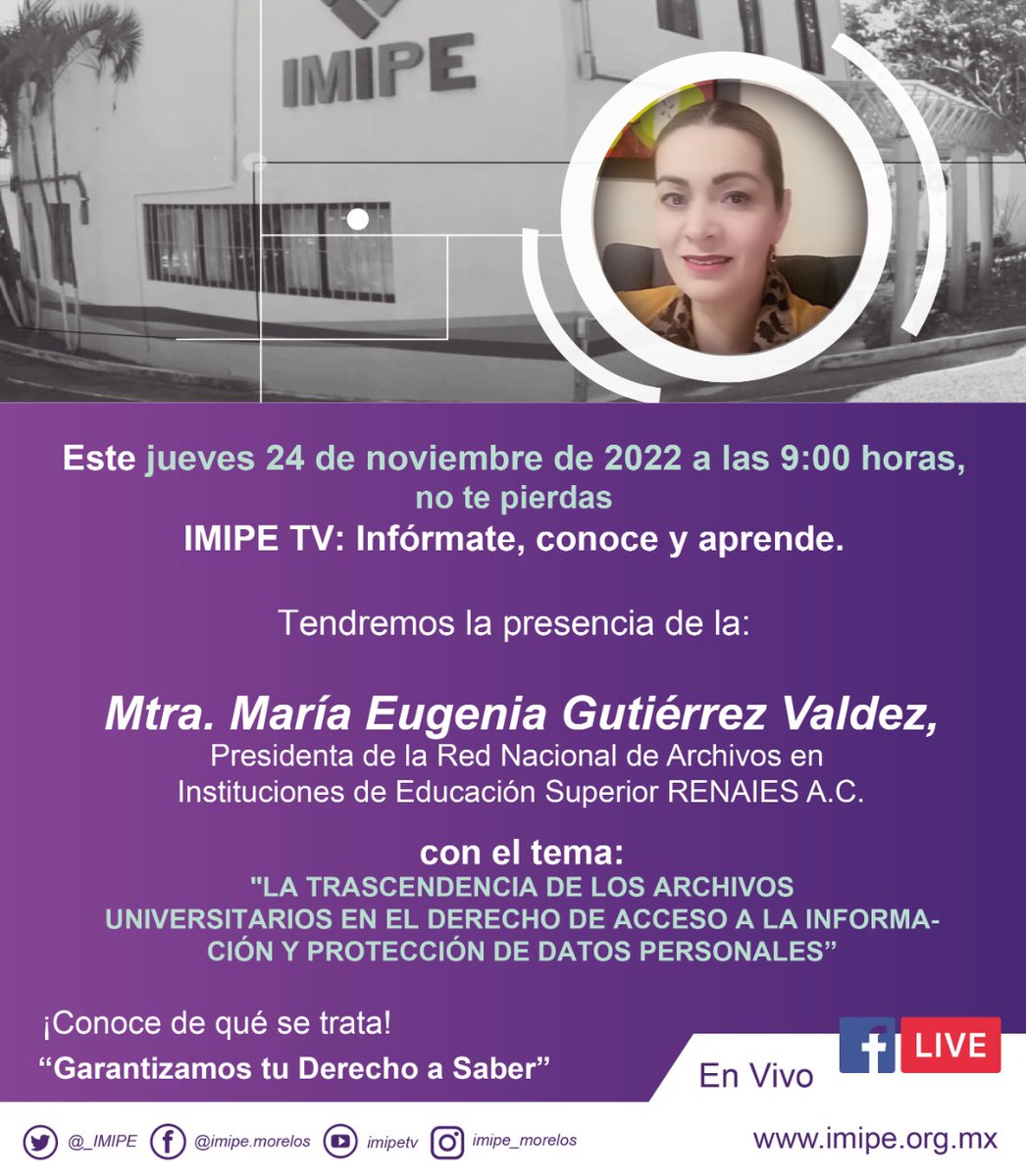_IMIPE's tweet photo. En IMIPE TV: “LA TRASCENDENCIA DE LOS ARCHIVOS UNIVERSITARIOS EN EL DERECHO DE ACCESO A LA INFORMACIÓN Y PROTECCIÓN DE DATOS PERSONALES”.
¿Cómo se manejan los archivos cuando se trata de docentes, estudiantes e investigadores? ¿ha tenido trascendencia en la dinámica social? https://t.co/5HJYJQ2Yry