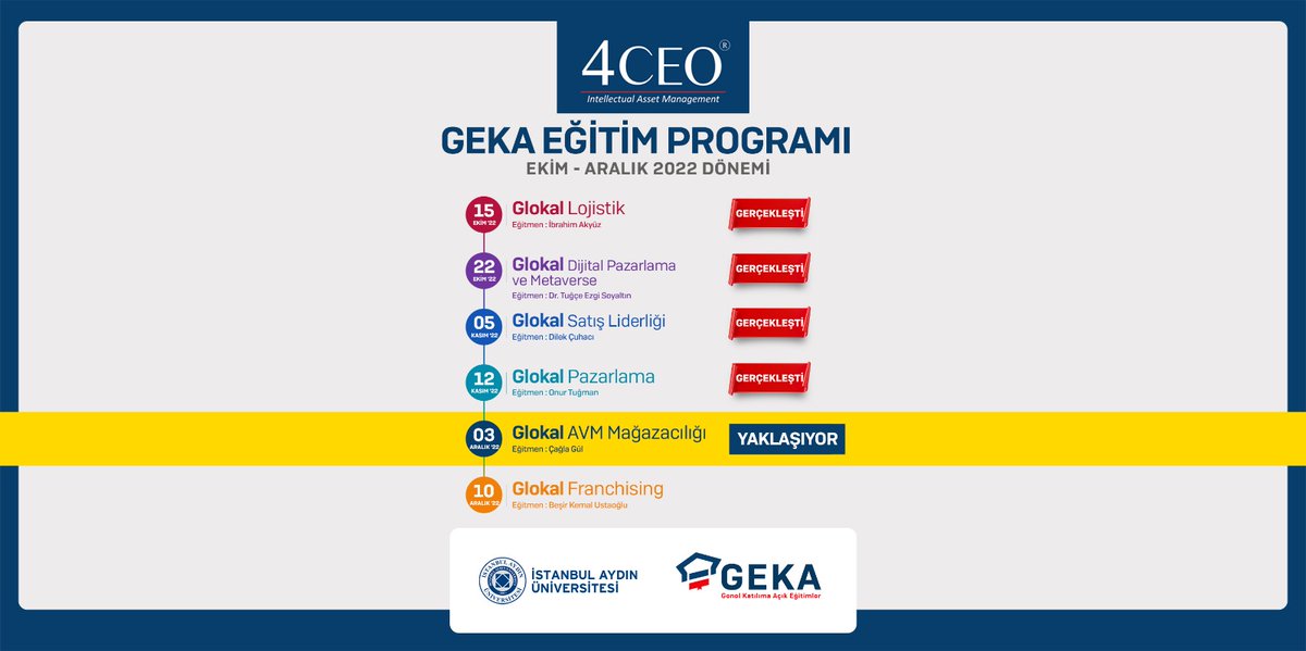 4CEOTR's tweet photo. GEKA eğitimlerimize yeni bir eğitim içeriğiyle devam ediyoruz. 
03 Aralık 2022 tarihinde değerli eğitmenimiz Çağla Gül’ün katkılarıyla “Glokal AVM Mağazacılığı” eğitimi ile katılımcılarla yeniden bir araya geleceğiz.
Detaylı bilgi ve başvuru için: https://t.co/AbHxkuJsIv https://t.co/b07LvbUmSu