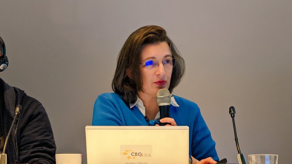 axa_ewc's tweet photo. Pascale Rauline, presents the work of the European committee on the transformation of the group and its impact on the employees of AXA.  This work summarizes the feedback from all the countries of the European committee #LTAXAEWC https://t.co/sLXozr1ySt