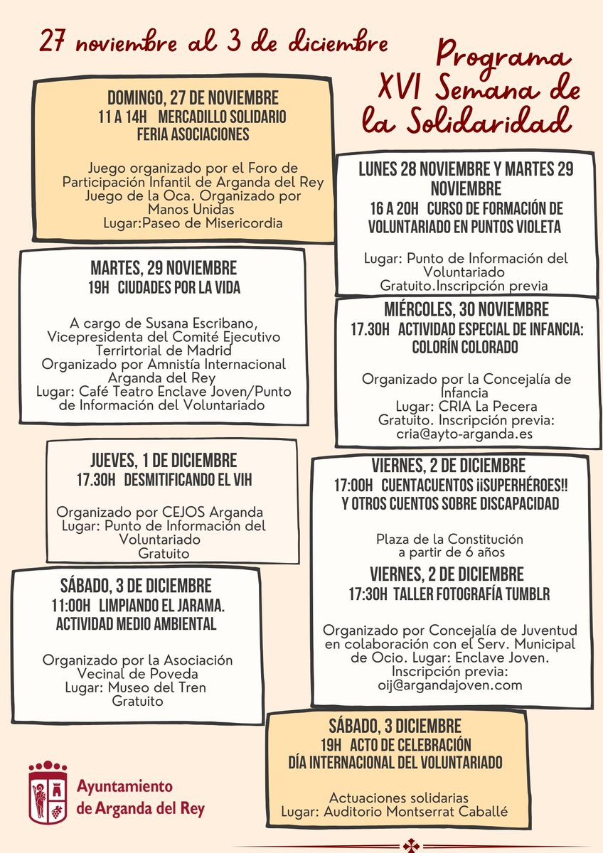 ArgVoluntaria's tweet photo. ¡¡Buenos días #Arganda!! Os presentamos la XVI Semana de la Solidaridad. 
Os animamos a participar en todas las actividades.🙃🙃🙃🙃 https://t.co/UbbWqjNvv3