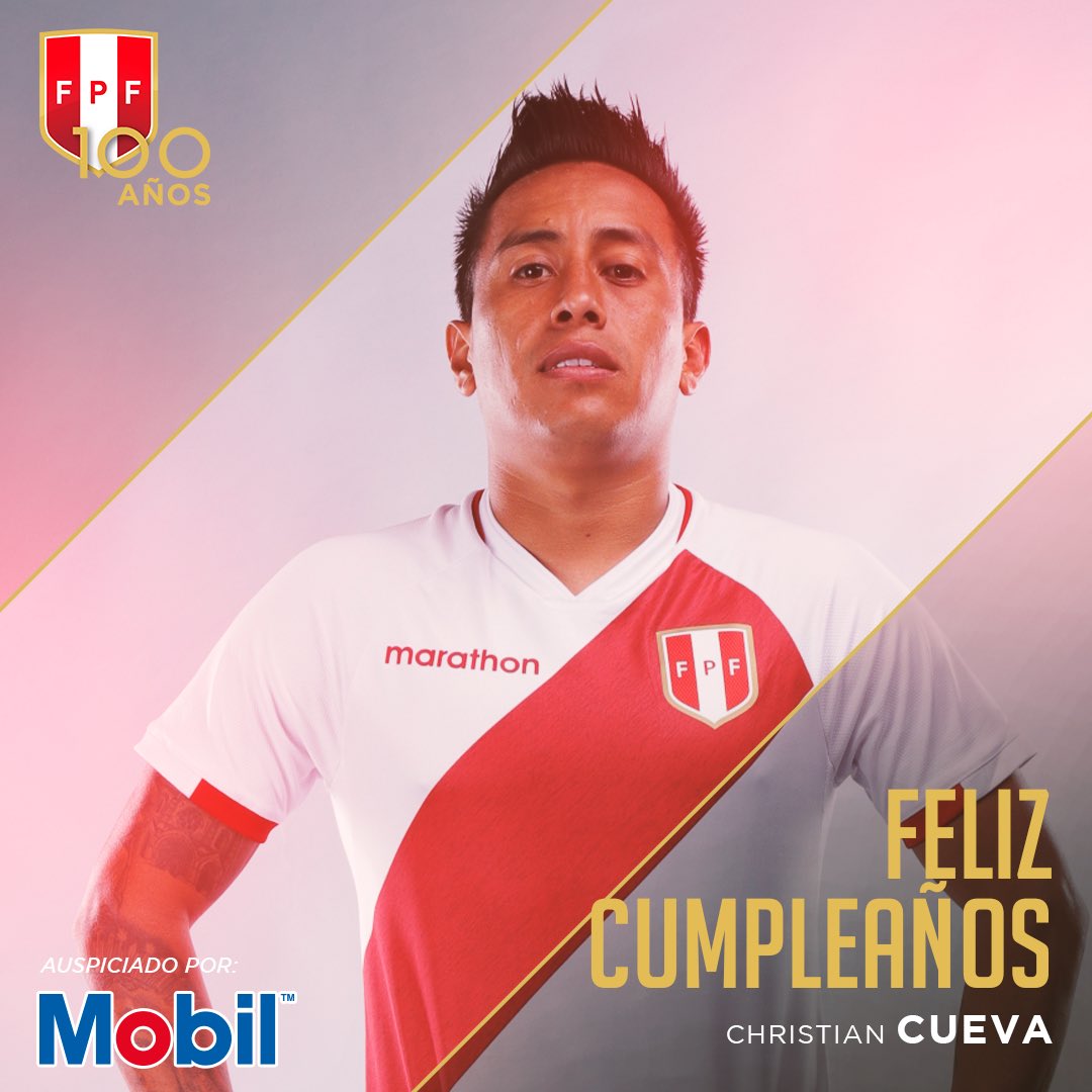 SeleccionPeru's tweet photo. Saludamos afectuosamente a Christian Cueva, volante de nuestra @SeleccionPeru 🇵🇪, en el día de su cumpleaños.

¡Muchas felicidades y los mejores deseos! 🎉

#ArribaPerú 💪🏼 https://t.co/qQ5q2SmXV6