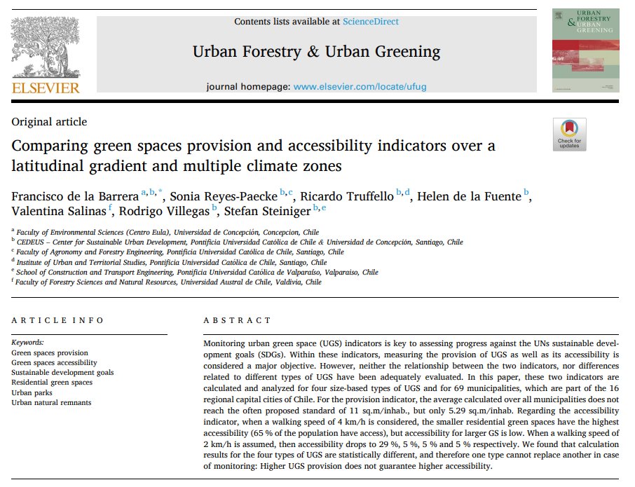 fdelabarrera's tweet image. Comparto hallazgos de investigación #VESSEL sobre indicadores de espacios verdes (plazas, parques): provisión (m2/hab) y accesibilidad (% de personas que viven cerca de un espacio verde), en las 69 comunas de las 16 capitales regionales de Chile.
authors.elsevier.com/a/1g7TS_apmjbo…